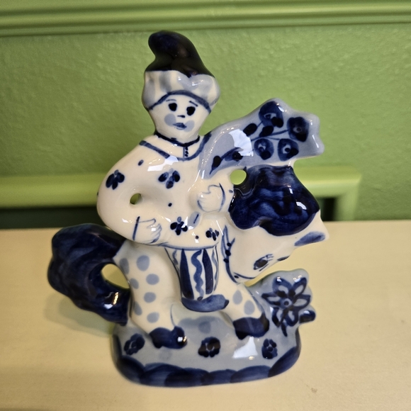 Vintage Porcelain Russian Hand Painted Gzhel Clown On A Horse 6" - Picture 1 of 5